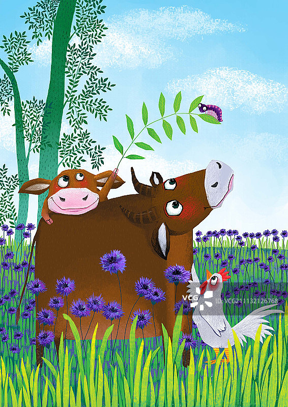 动物大世界插画系列-爬在牛背上的牛图片素材