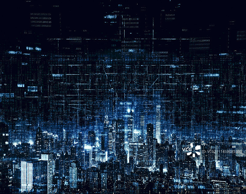 互联网大数据概念的北京CBD城市夜景图片素材