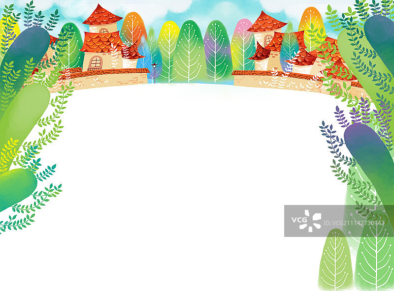童趣边框插画系列[500幅]-森林里的童话小镇图片素材