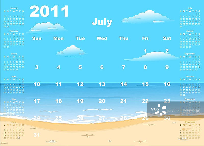 美国日历2011年热带海滩，从星期天开始。向量图片素材