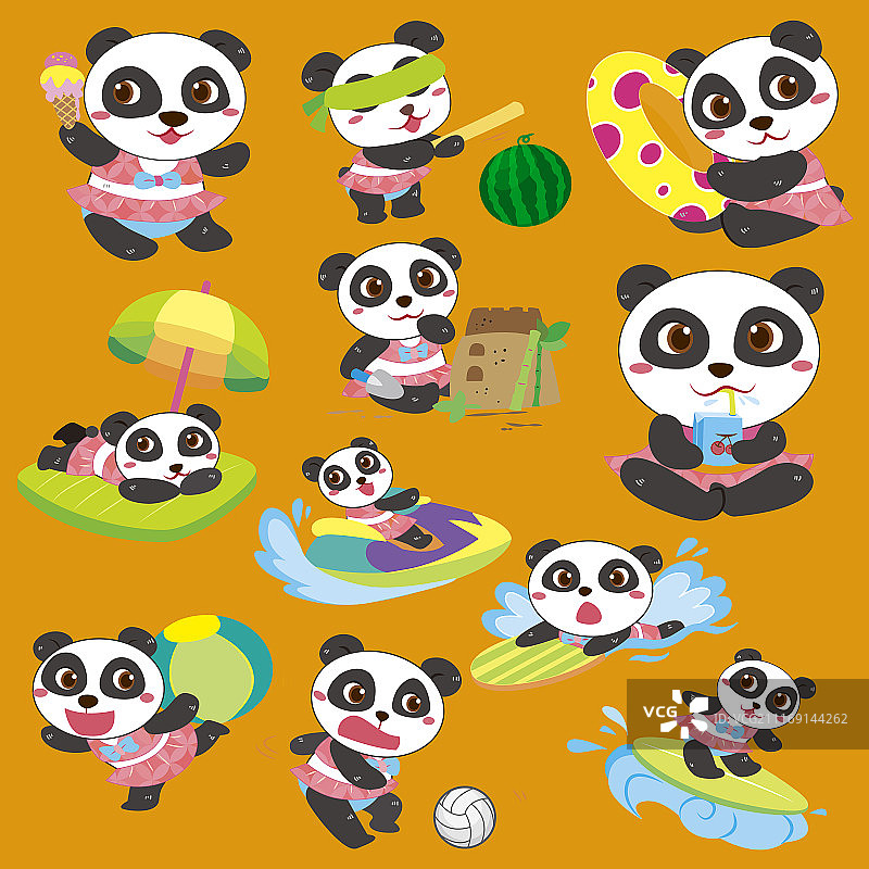 可爱的熊猫在海边玩耍，卡通风格素材集合图片素材