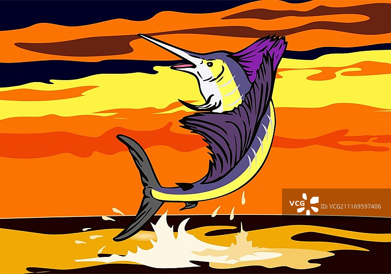 旗鱼与渔船在背景中跳跃的插图以复古风格完成。图片素材