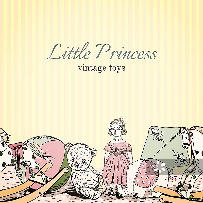 古董儿童玩具店小公主素描传单模板与娃娃大象泰迪熊矢量插图图片素材