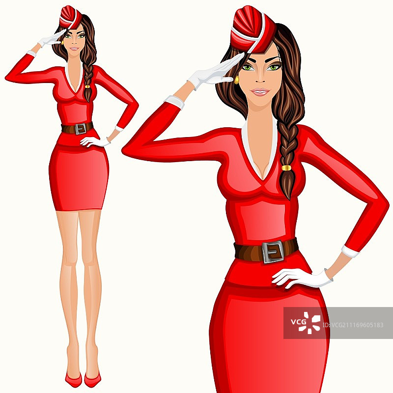 年轻迷人的长腿空姐在红色制服致意向量插图图片素材