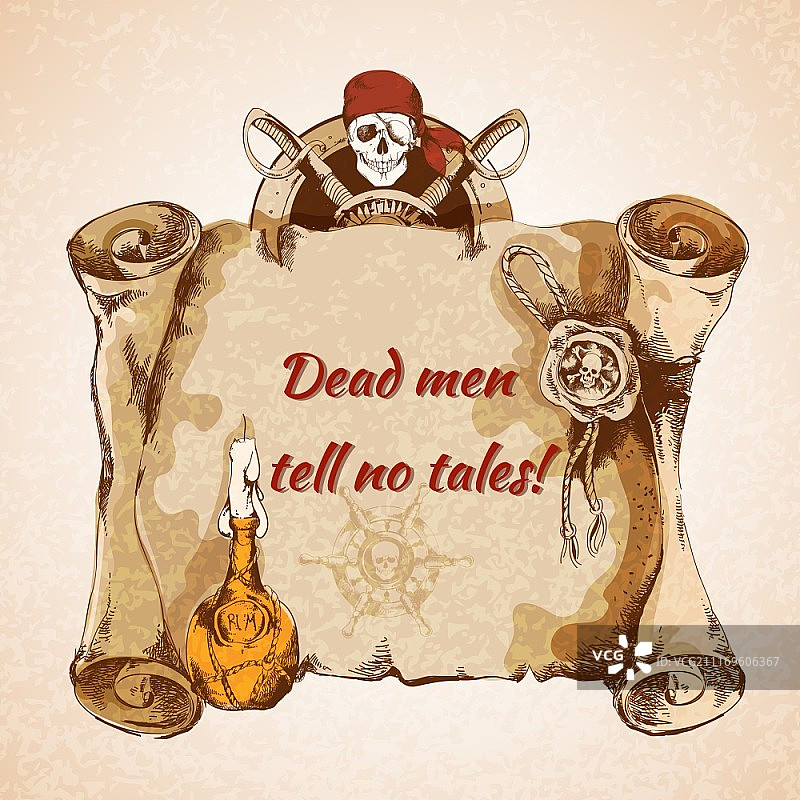 复古海盗撕裂纸手稿背景与朗姆酒瓶印章头骨矢量插图图片素材