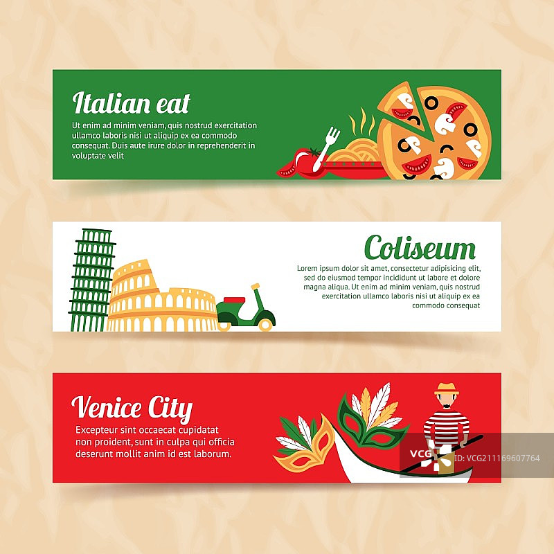 意大利旗帜设置意大利吃竞技场威尼斯城孤立矢量插图图片素材
