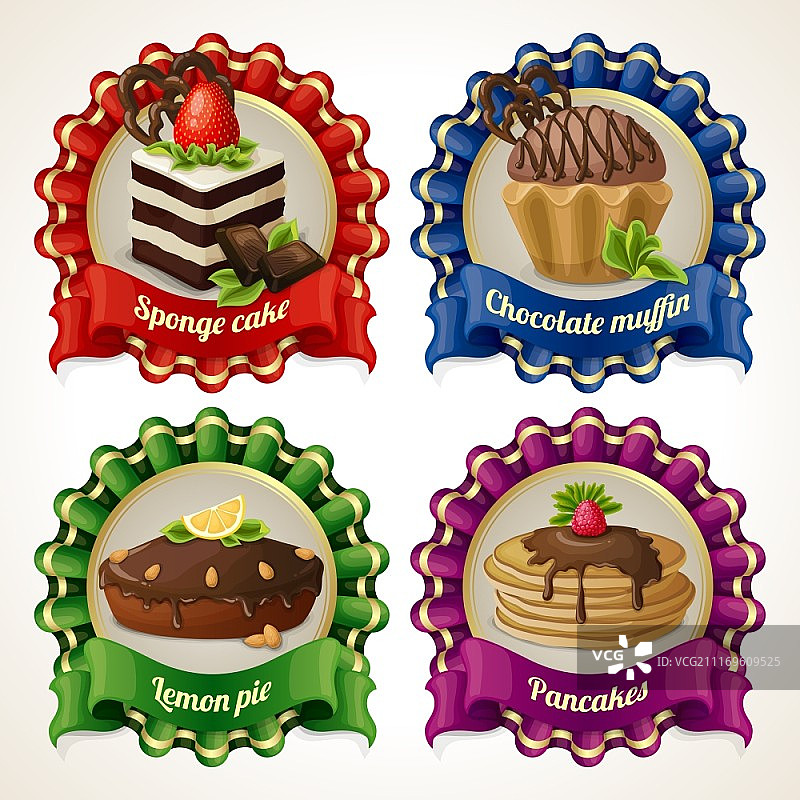 装饰糖果丝带横幅设置海绵蛋糕巧克力松饼孤立矢量插图图片素材