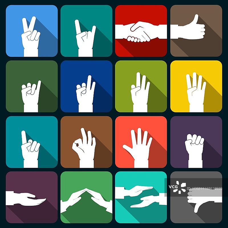 人的手，表情，标志，信号和手势，图标设置平面孤立矢量插图图片素材