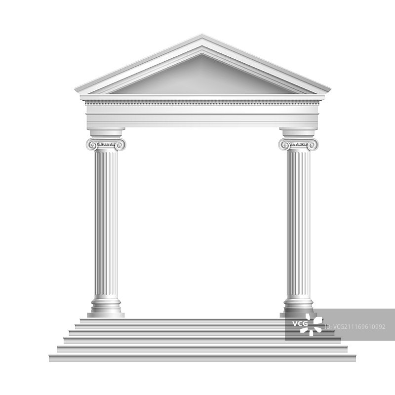 逼真的仿古大理石寺庙正面与离子柱孤立在白色背景矢量插图图片素材