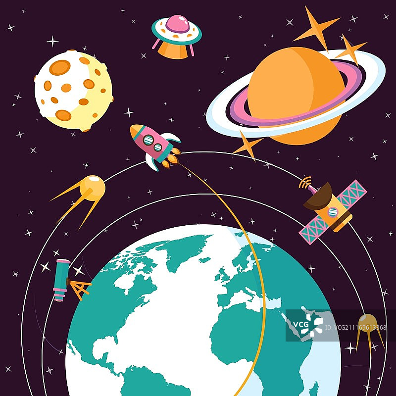空间概念与地球和火箭卫星宇航员在轨道上的平面矢量插图图片素材