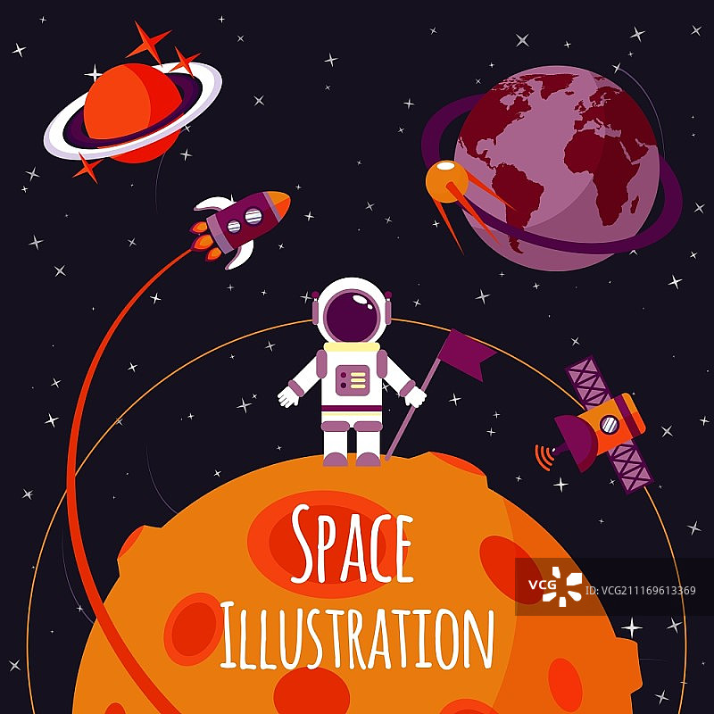 空间概念与宇航员在月球和火箭卫星在轨道上的平面矢量插图图片素材