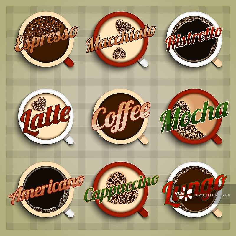 咖啡菜单标签设置浓缩玛奇朵risstretto拿铁摩卡美国卡布奇诺lungo孤立的载体插图图片素材