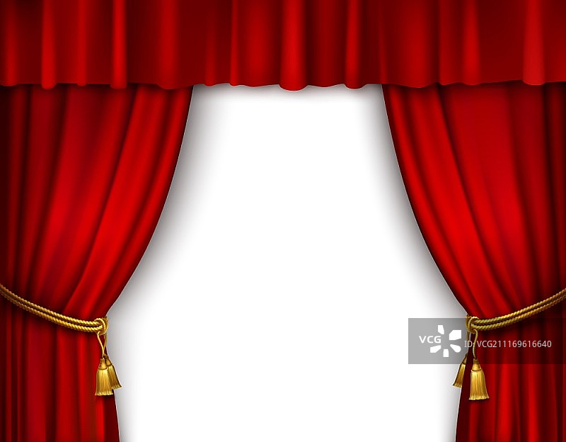 红色舞台开放剧院天鹅绒窗帘与金色纺织流苏孤立矢量插图图片素材