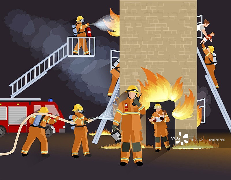 消防人员设计概念。消防员人设计概念用消防车燃烧房子和消防队拯救儿童平面矢量插图图片素材