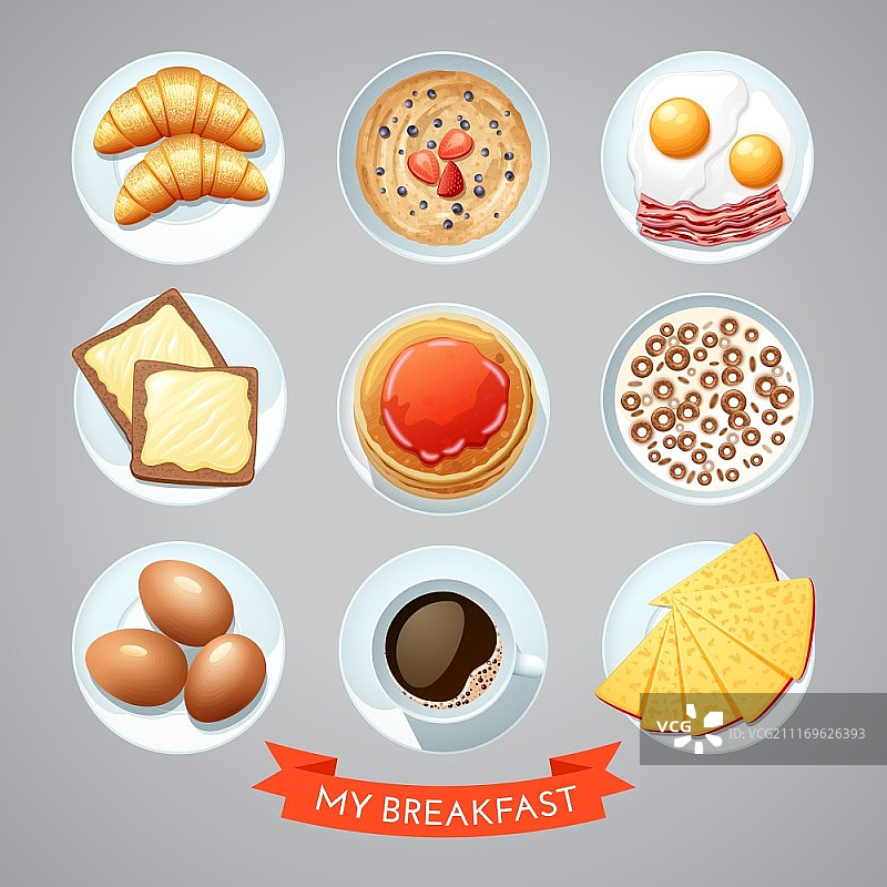 配有早餐的海报。传统欧洲早餐食品元素的海报在灰色背景与标题孤立矢量插图图片素材