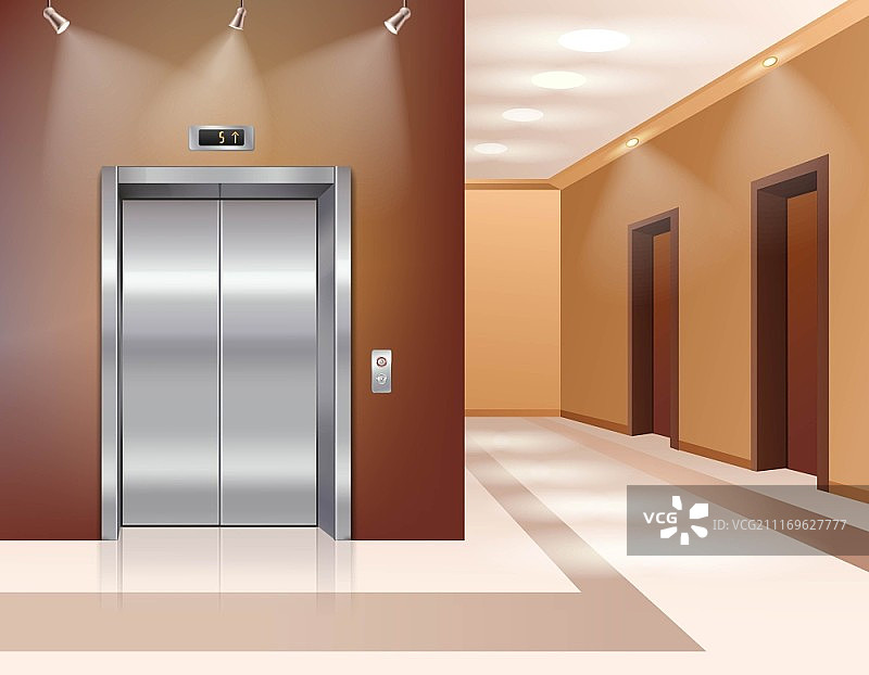 大厅和电梯。酒店或写字楼大厅用封闭式电梯门绘制逼真的矢量图图片素材