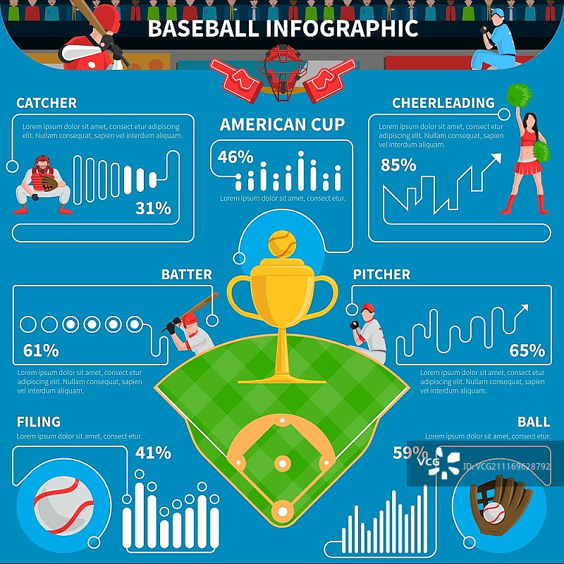 棒球图表元素。棒球信息图表元素与游戏统计蓝色背景矢量插图图片素材