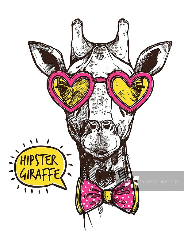 潮人动物的海报。时髦的长颈鹿肖像在时尚的粉色心形眼镜和蝴蝶结矢量插图图片素材