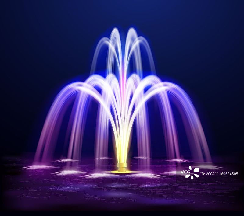 灯光夜晚喷泉逼真的插图。现代照明的夜晚喷泉照亮黄色和紫色在黑暗的背景上现实的矢量插图图片素材