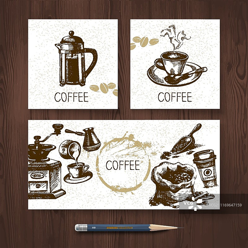 向量标识咖啡横幅集。菜单设计模板与手绘草图插图图片素材