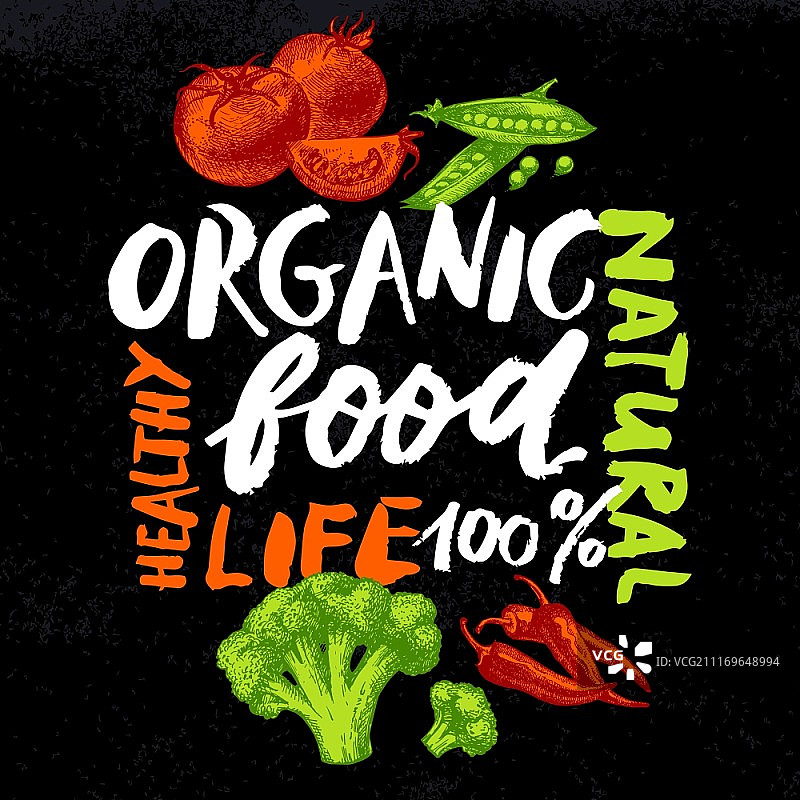 生态食物菜单背景。手绘蔬菜素描。农贸市场的海报。黑板字体设计。矢量图图片素材