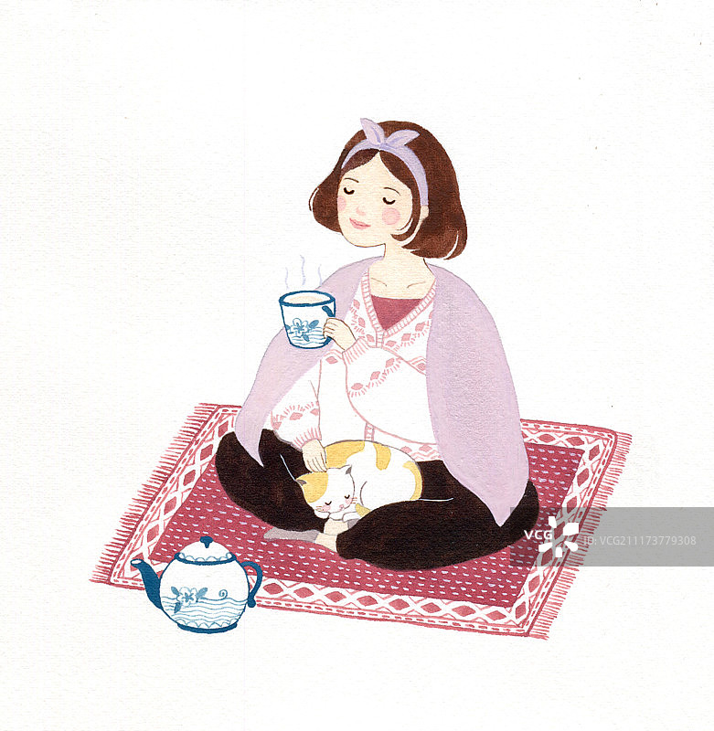 喝下午茶的女孩插画图片素材
