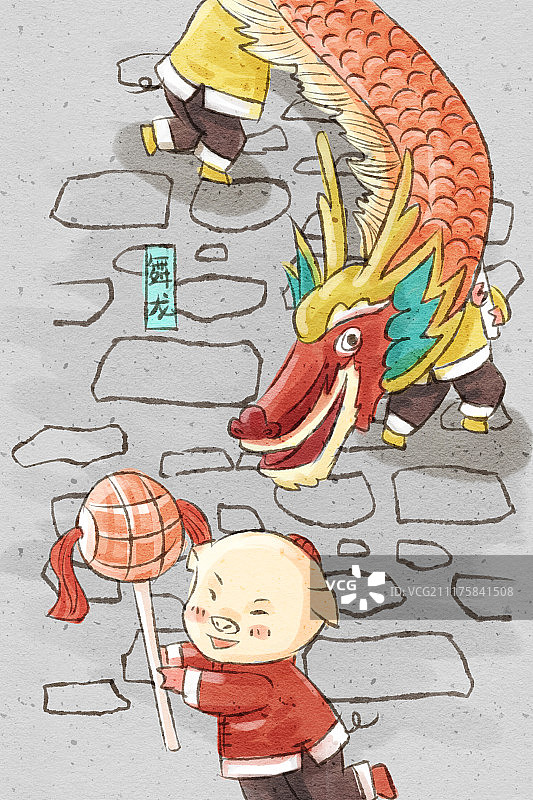 中国风猪年春节民俗系列之正月十一舞龙图片素材