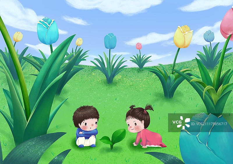 儿童插画春满花园两小无猜图片素材