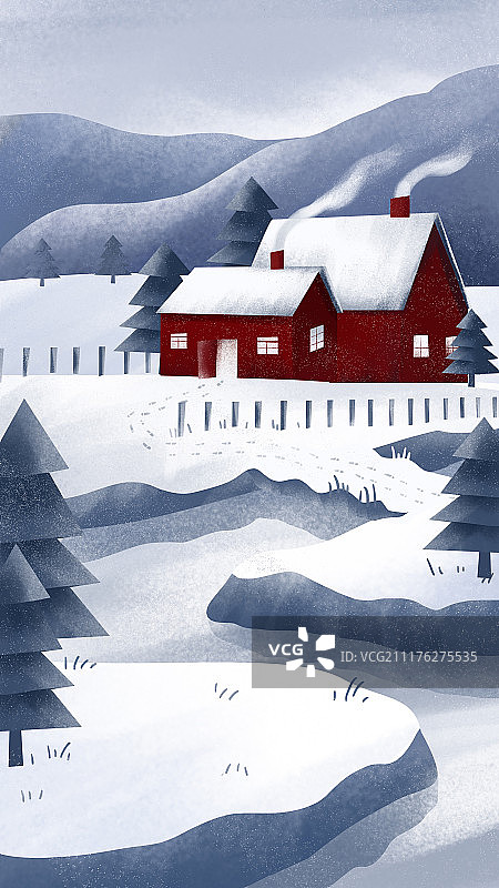 冬季小寒户外飘雪中的房子炊烟升起图片素材