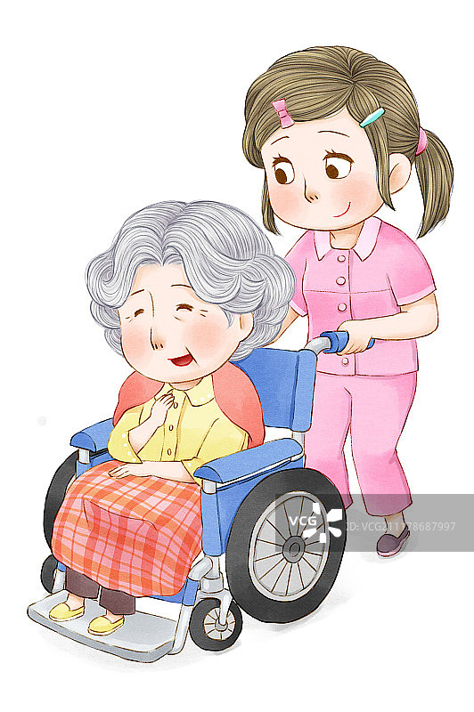 照护员帮老太太推轮椅图片素材