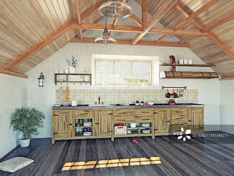现代厨房内部，阁楼上有岛(3d设计概念)图片素材