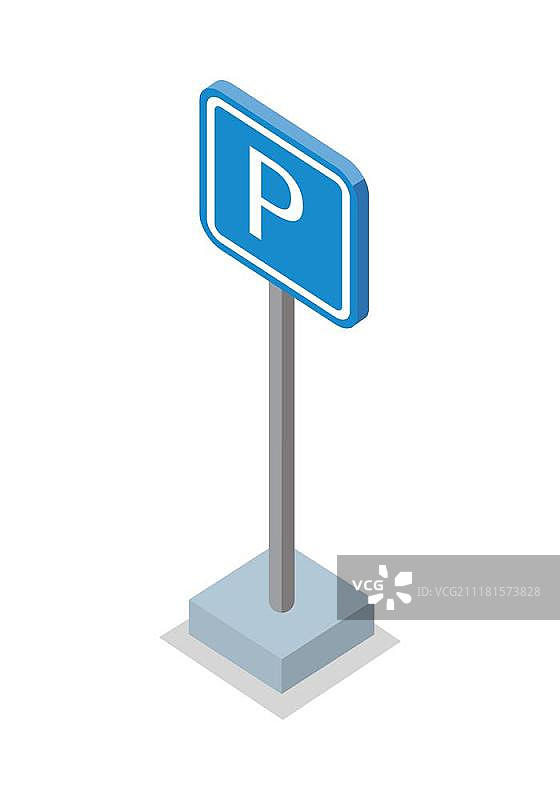 停车场路标矢量图在等距投影。方形蓝色标志与字母P图片为交通概念，应用图标，信息图形设计。孤立在白色的. .停车场道路标志矢量插图。图片素材