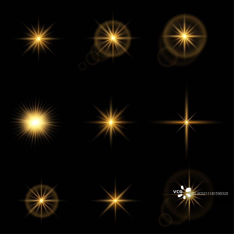 创意概念向量辉光效果星星爆发与火花孤立在黑色背景。为插图模板艺术设计，旗帜为圣诞节庆祝，魔法闪光能量射线。图片素材