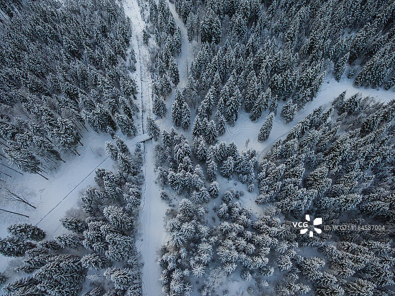 鸟瞰田园诗般的冬季景观中的道路无人机视图图片素材