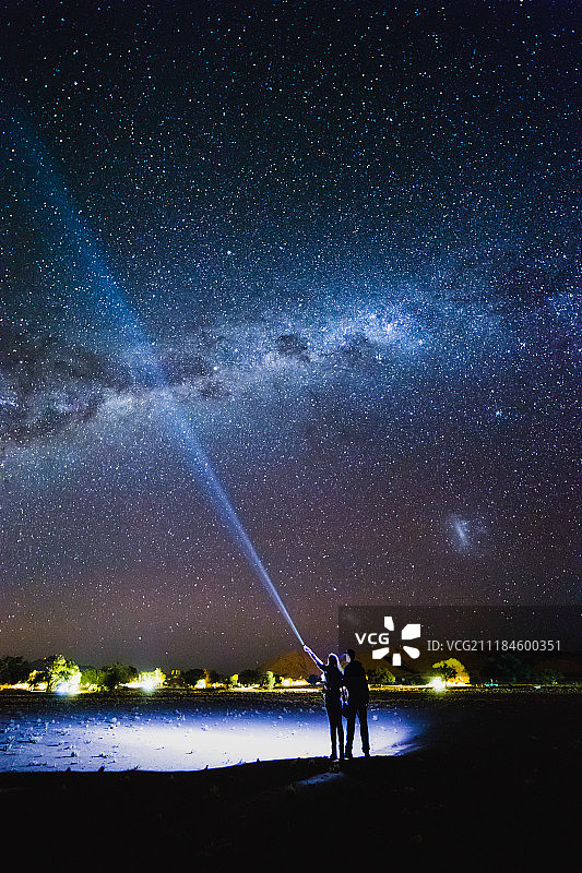 一对夫妇用手电筒指向银河系的天空图片素材