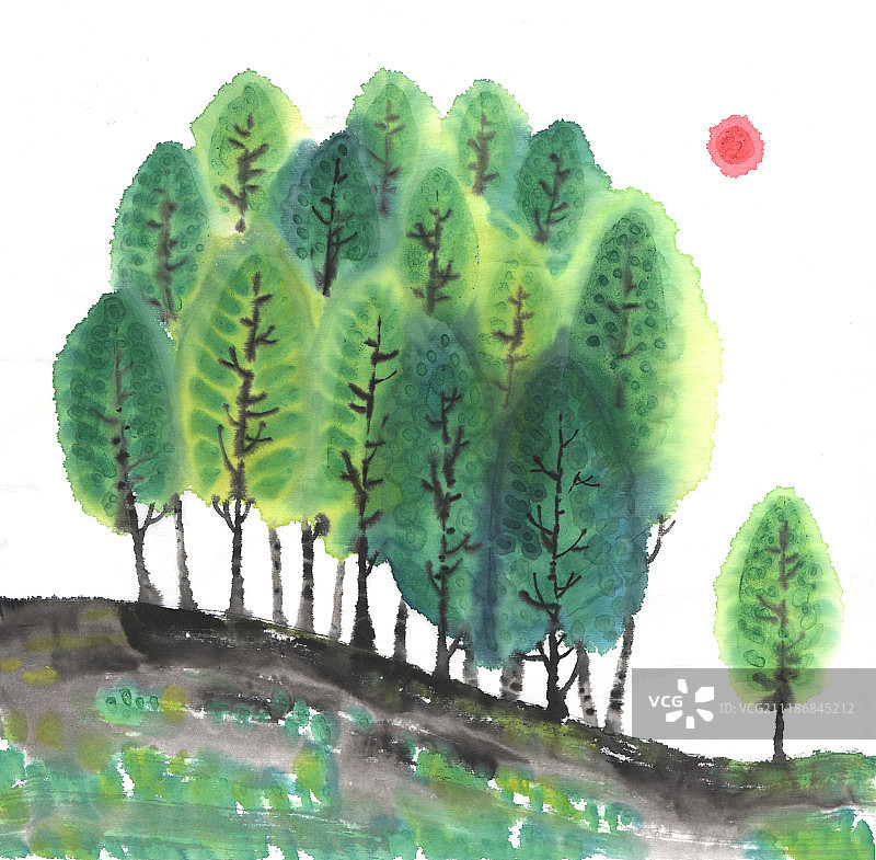 风景水墨画山坡上的树图片素材