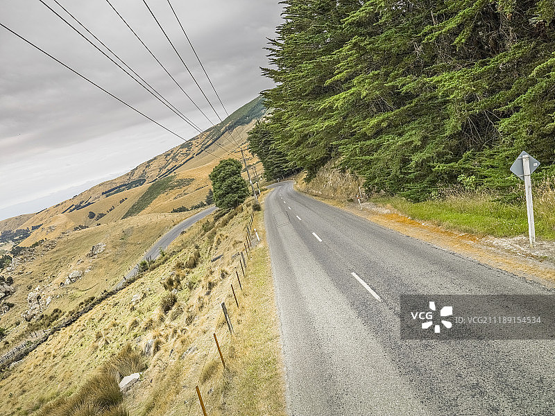 后板显示一个乡村小巷在一个丘陵的环境在新西兰图片素材