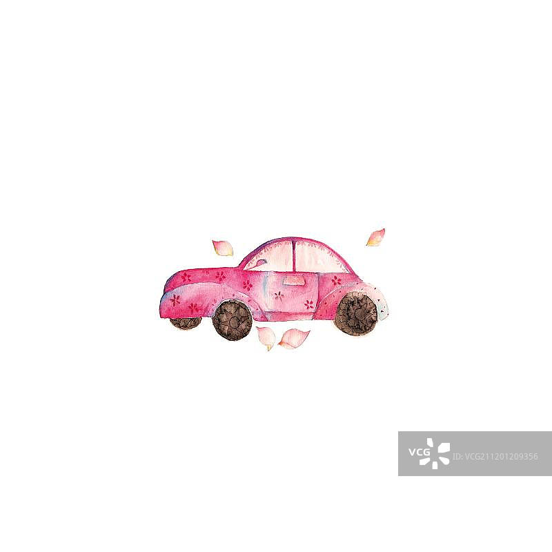清新水彩手绘的粉色鲜花与婚车图片素材