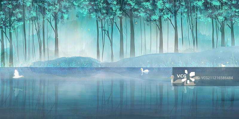 夏天茂密的森林里，水鸭在河流中游泳插画背景海报图片素材