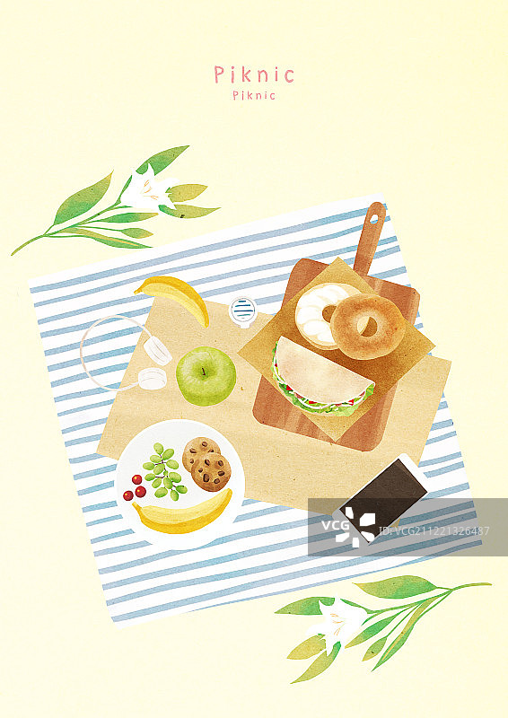 顶角，食物，春天，野餐，午餐，叶子，百吉饼，水果，苹果，耳机，三明治图片素材