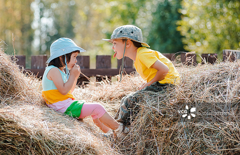 儿童的关系儿童女孩和男孩在村庄的干草中玩耍图片素材