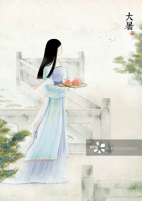 壁纸中国风插画二十四节气大暑 文字版图片素材