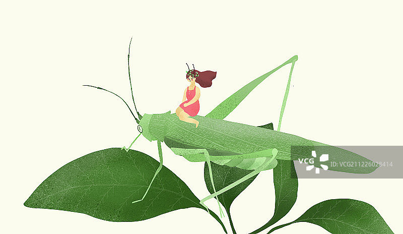 小女孩坐在蚂蚱上的插画图片素材