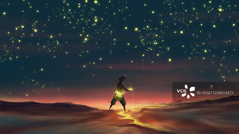 夜晚在布满灯光的路上捧着星星的巨人 数码插画图片素材