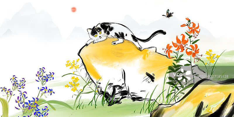 夏天猫和蝴蝶在花园里水彩插画图片素材