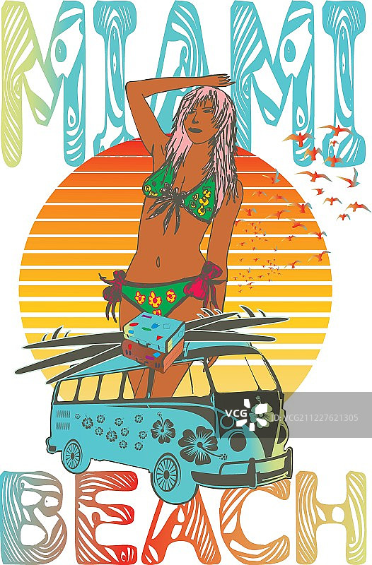 棕榈滩冲浪女孩矢量艺术图片素材