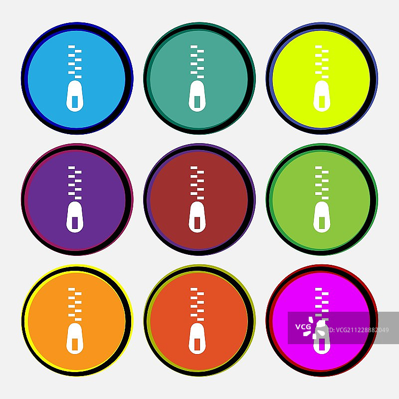 拉链图标符号。九个多色圆形按钮。向量图片素材
