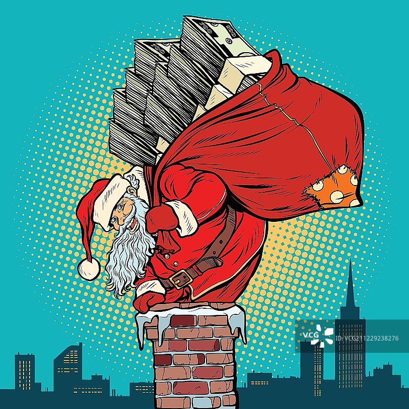 带着钱的圣诞老人爬进烟囱图片素材