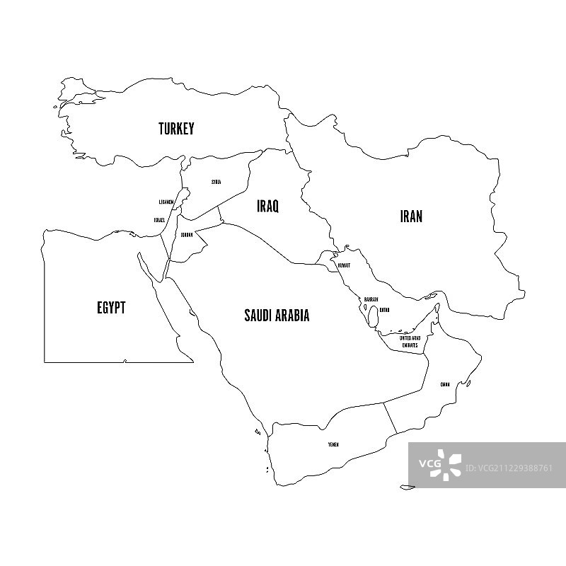 中东或近东的政治地图。简单的平面轮廓矢量插图图片素材