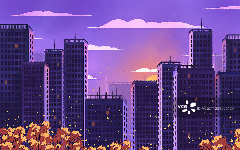 紫色的城市日出插画图片素材
